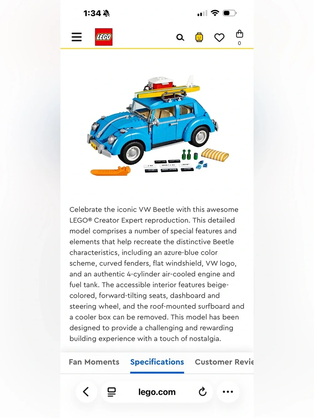 Lego Creator Blue Volkswagen Beetle with Yellow Surfboard. RETIRED. - Picture 6 of 7